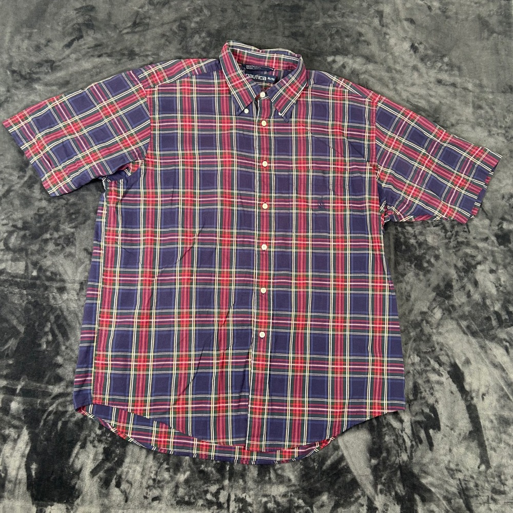 Nautica Button Down Shirt Mens XL Blue Plaid‎ Short Sleeve Cotton Pocket